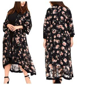 BLACK CHIFFON FLOCKED FLORAL LONGLINE KIMONO